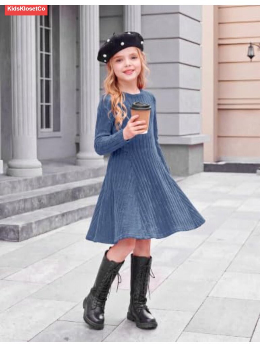 Girls Ribbed Knit Sweater Dress Long Sleeve A-Line Casual Fall Winter - Picture 4 of 6